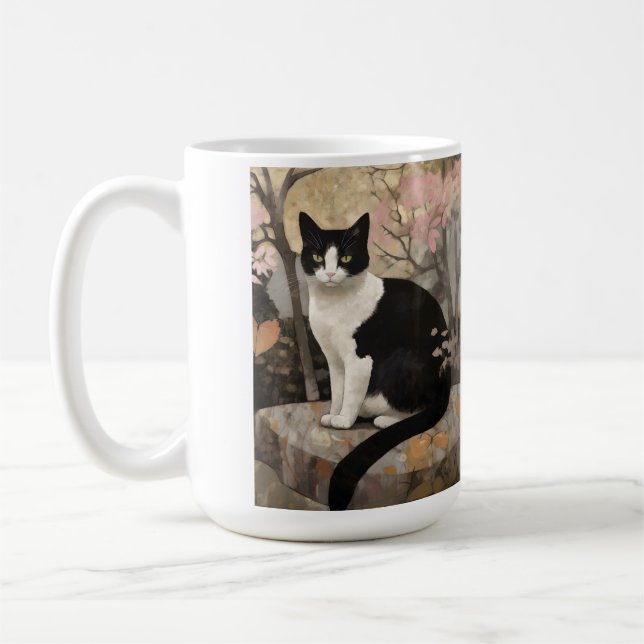 Tuxedo Cat in a Garden Coffee Mug (Left)