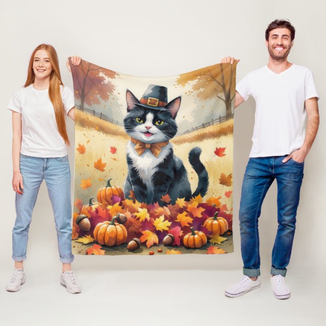 Tuxedo Cat In Autumn Leaves Thanksgiving Art Fleece Blanket (In Situ)