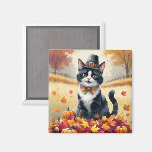 Tuxedo Cat In Autumn Leaves Thanksgiving Art Magnet