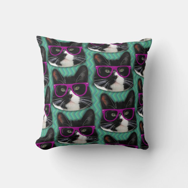 Tuxedo Cat In Glasses Fun Pattern Cushion (Front)
