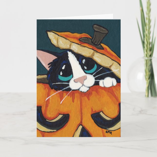 Tuxedo Cat in Halloween Pumpkin Card (Front)