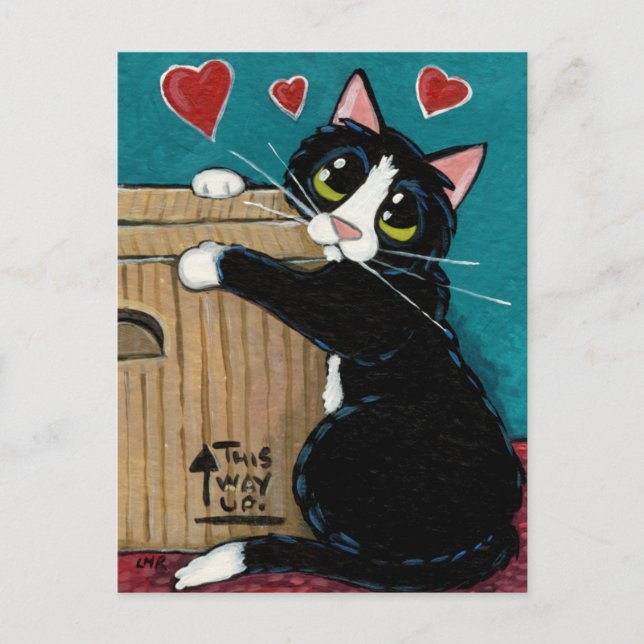 Tuxedo Cat in Love with Box Postcard (Front)