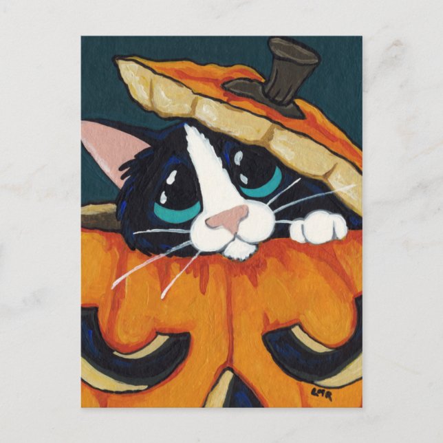 Tuxedo Cat in Pumpkin Halloween Postcard (Front)