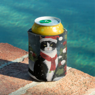 Tuxedo Cat in Snow Christmas Can Cooler