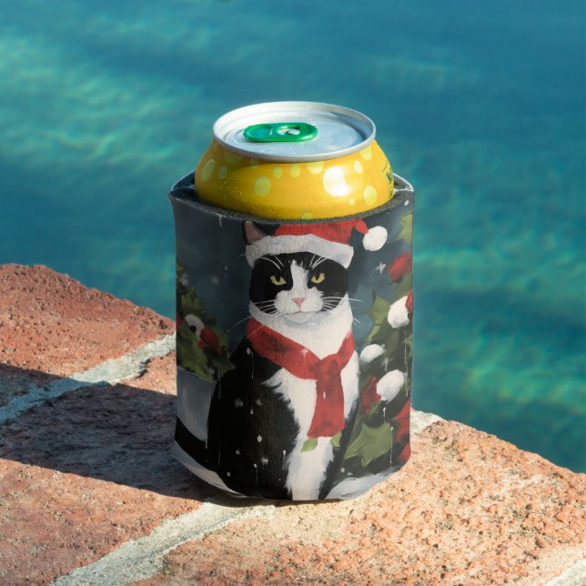 Tuxedo Cat in Snow Christmas Can Cooler (In Situ Pool)
