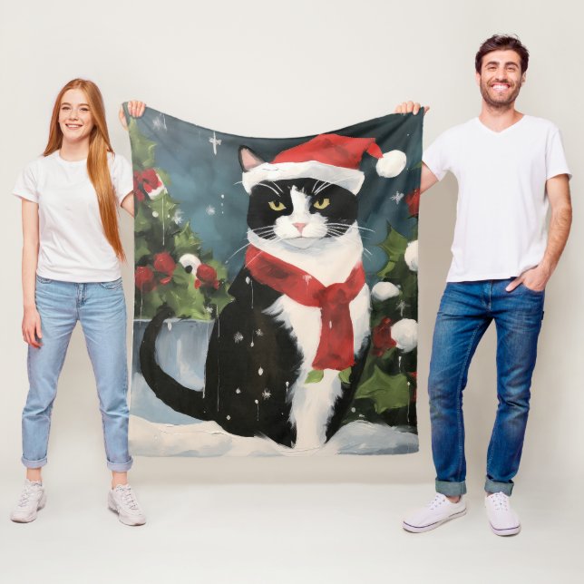 Tuxedo Cat in Snow Christmas Fleece Blanket (In Situ)