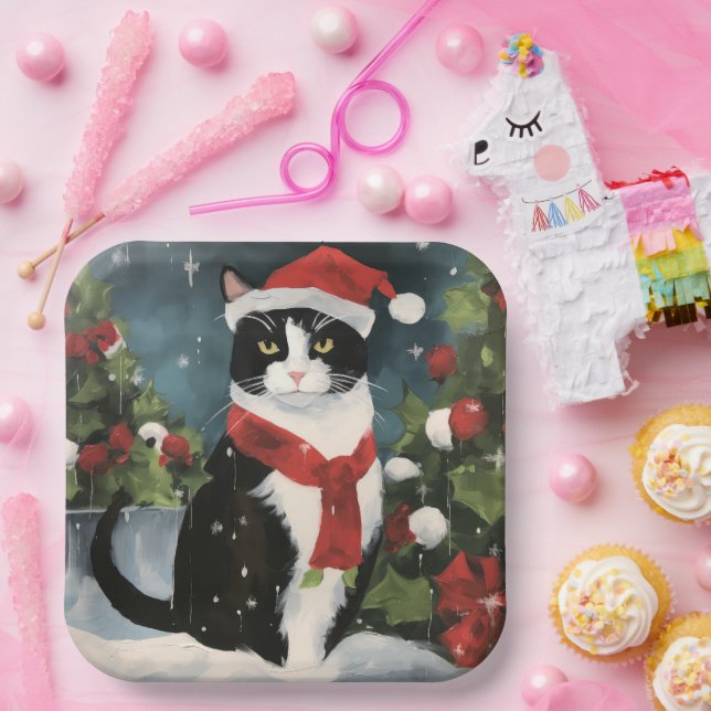 Tuxedo Cat in Snow Christmas Paper Plate (Party)