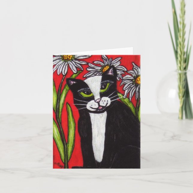 Tuxedo Cat in the Daisies Notecard (Front)