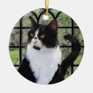 Tuxedo Cat in Window Ceramic Tree Decoration