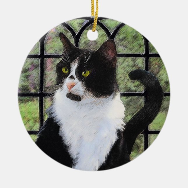 Tuxedo Cat in Window Ceramic Tree Decoration (Front)