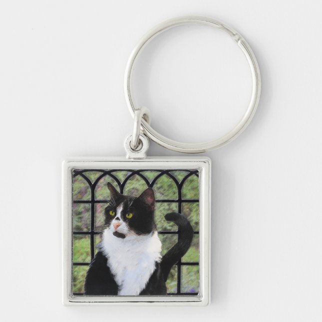 Tuxedo Cat in Window Key Ring (Front)