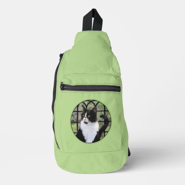 Tuxedo Cat in Window Painting Cute Original Art Sling Bag (Front)