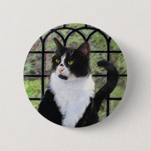 Tuxedo Cat in Window Painting Original Animal Art 6 Cm Round Badge