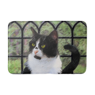 Tuxedo Cat in Window Painting Original Animal Art Bath Mat