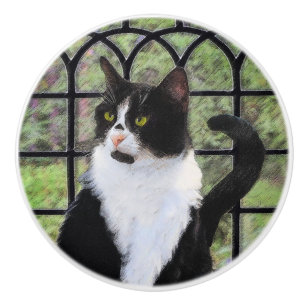 Tuxedo Cat in Window Painting Original Animal Art Ceramic Knob