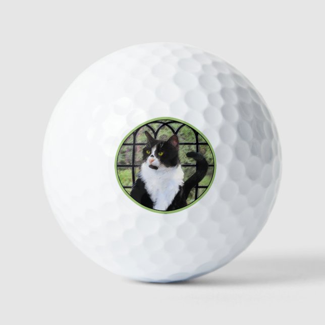 Tuxedo Cat in Window Painting Original Animal Art Golf Balls (Front)