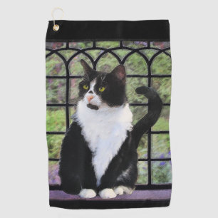 Tuxedo Cat in Window Painting Original Animal Art Golf Towel