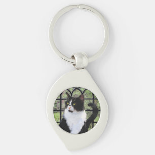 Tuxedo Cat in Window Painting Original Animal Art Key Ring
