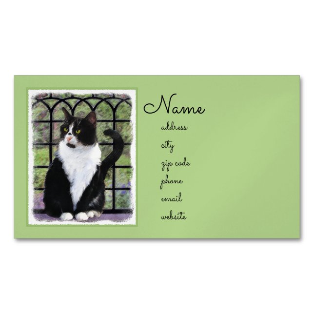 Tuxedo Cat in Window Painting Original Animal Art Magnetic Business Card (Front)
