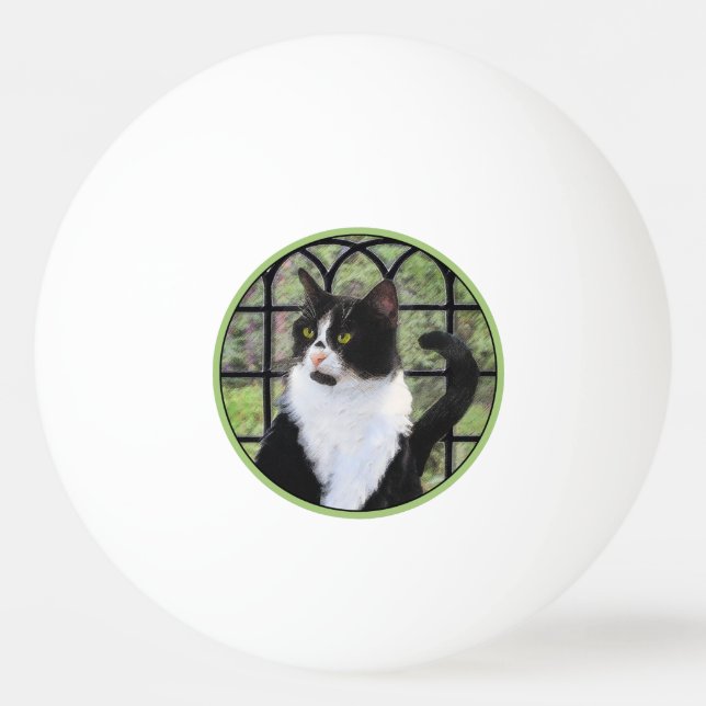Tuxedo Cat in Window Painting Original Animal Art Ping Pong Ball (Front)