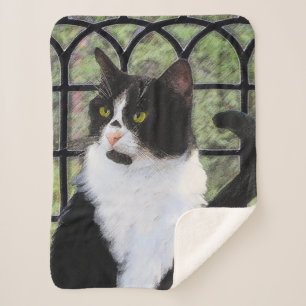 Tuxedo Cat in Window Painting Original Animal Art Sherpa Blanket