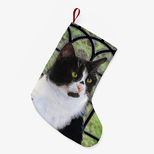 Tuxedo Cat in Window Painting Original Animal Art Small Christmas Stocking (Front (Hanging))