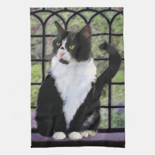 Tuxedo Cat in Window Painting Original Animal Art Tea Towel