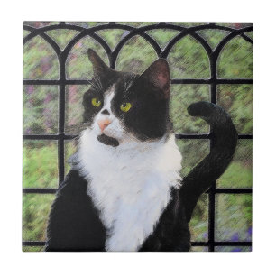 Tuxedo Cat in Window Painting Original Animal Art Tile
