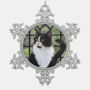 Tuxedo Cat in Window Snowflake Pewter Christmas Ornament