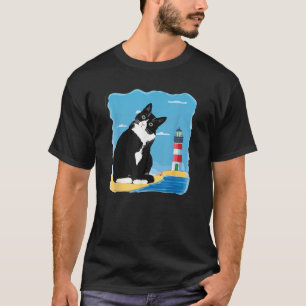 Tuxedo Cat Lighthouse Day Ocean Beach Summer T-Shirt