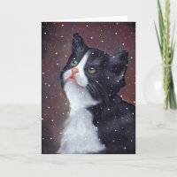 Tuxedo Cat Looking Up At Snowflakes, Art