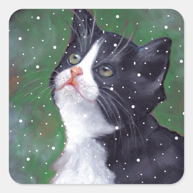 Tuxedo Cat Looking Up At Snowflakes, Painting Square Sticker (Front)