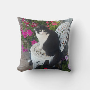 Tuxedo Cat Maroon Dark Pink Cats and Flowers Cushion