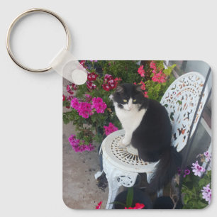 Tuxedo Cat Maroon Dark Pink Cats and Flowers Key Ring