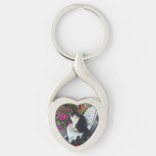 Tuxedo Cat Maroon Dark Pink Cats and Flowers Key Ring