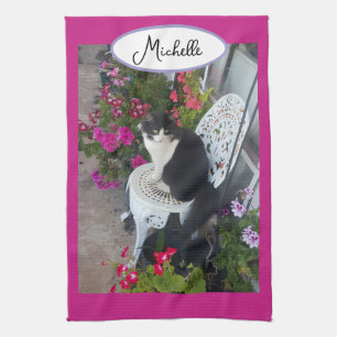 Tuxedo Cat Maroon Dark Pink Cats and Flowers Tea Towel