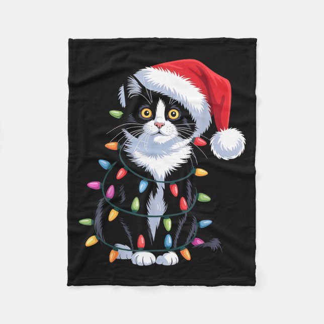 Tuxedo Cat Meow Santa Tuxie Christmas Tree  Fleece Blanket (Front)