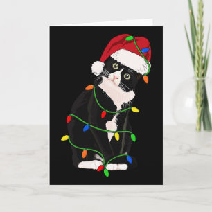 Tuxedo Cat Meow Santa Tuxie Christmas Tree Lights Card