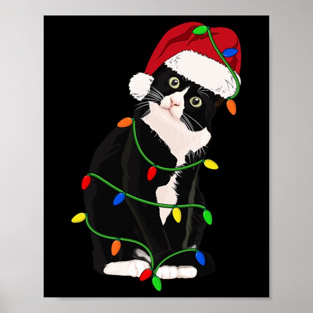 Tuxedo Cat Meow Santa Tuxie Christmas Tree Lights  Poster (Front)