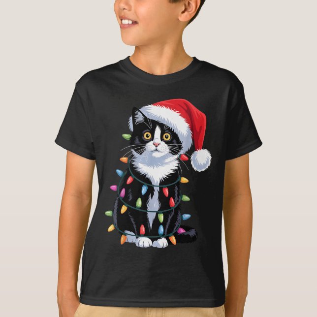 Tuxedo Cat Meow Santa Tuxie Christmas Tree  T-Shirt (Front)