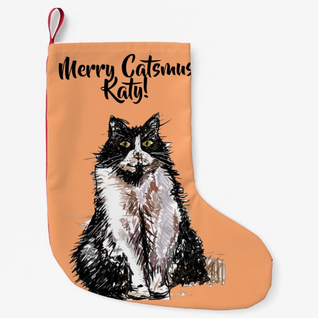 Tuxedo Cat Merry Catsmus orange Christmas Stocking (Front)