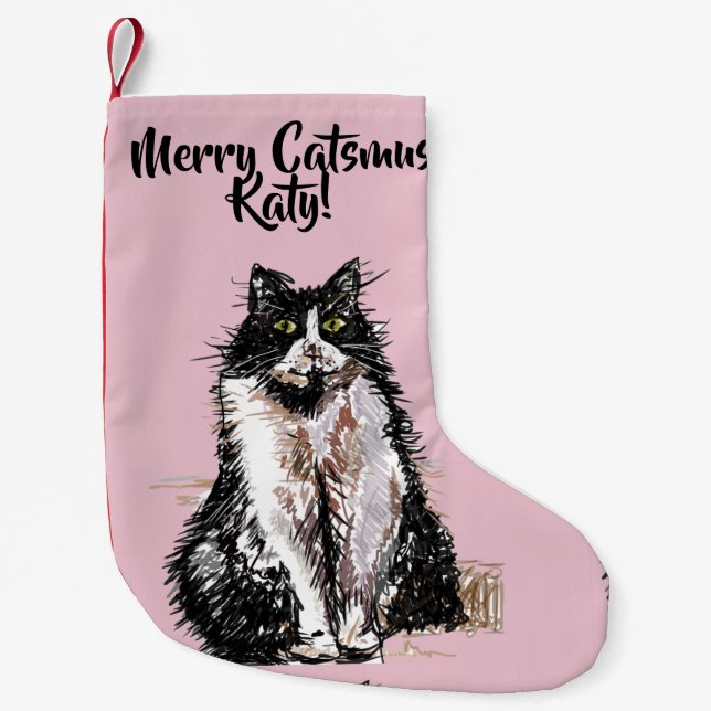 Tuxedo Cat Merry Catsmus pink Christmas Stocking (Front)