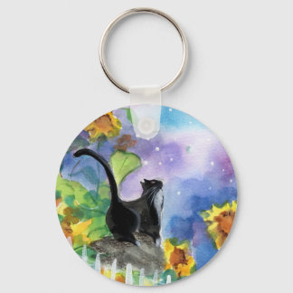 Tuxedo Cat Moon in Sunflowers Key Ring