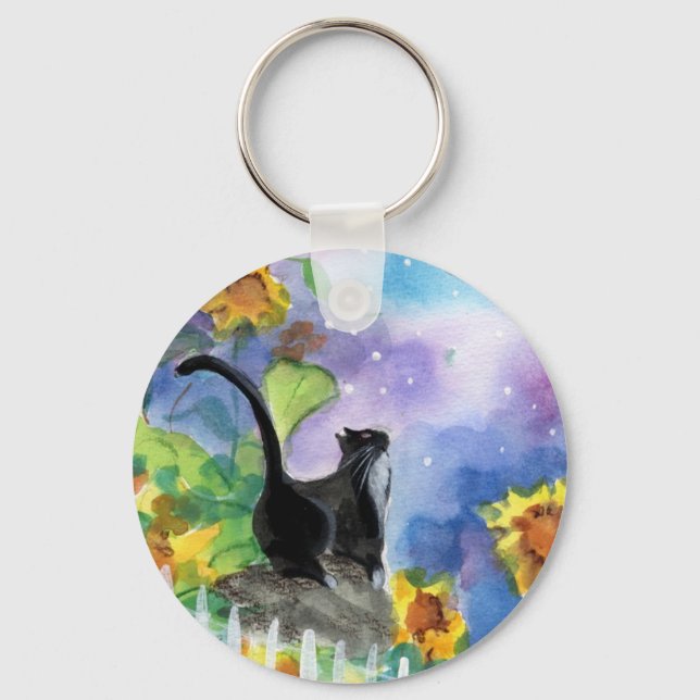 Tuxedo Cat Moon in Sunflowers Key Ring (Front)