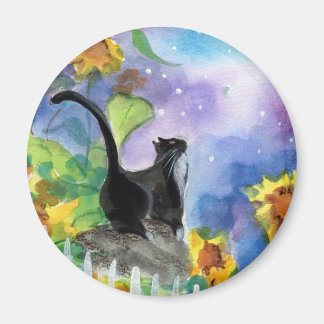 Tuxedo Cat Moon in Sunflowers Magnet