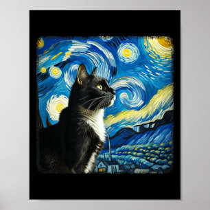 Tuxedo Cat Night Sky Art - Starry Art Style - Poster