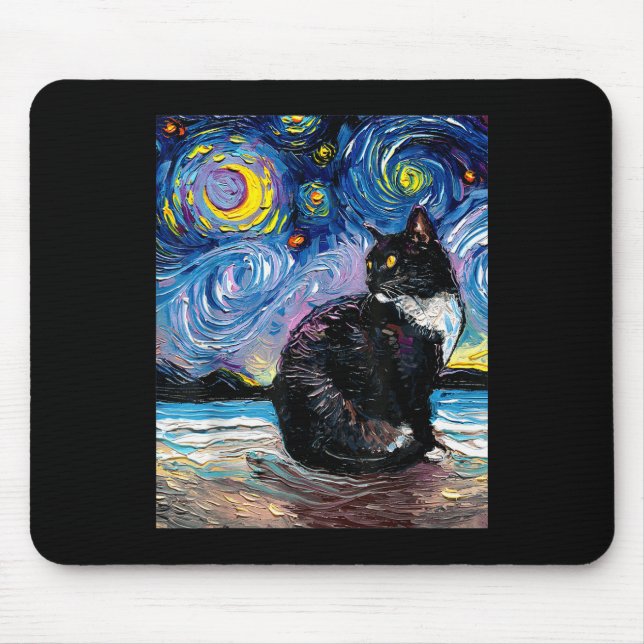 Tuxedo Cat On Beach Starry Night Impressionist Art Mouse Pad (Front)