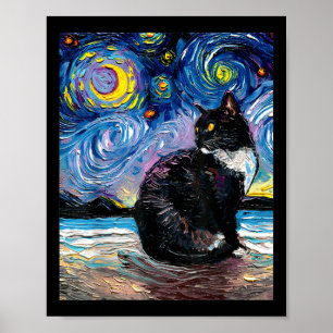 Tuxedo Cat On Beach Starry Night Impressionist Art Poster