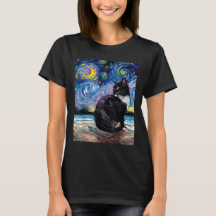 Tuxedo Cat On Beach Starry Night Impressionist Art T-Shirt