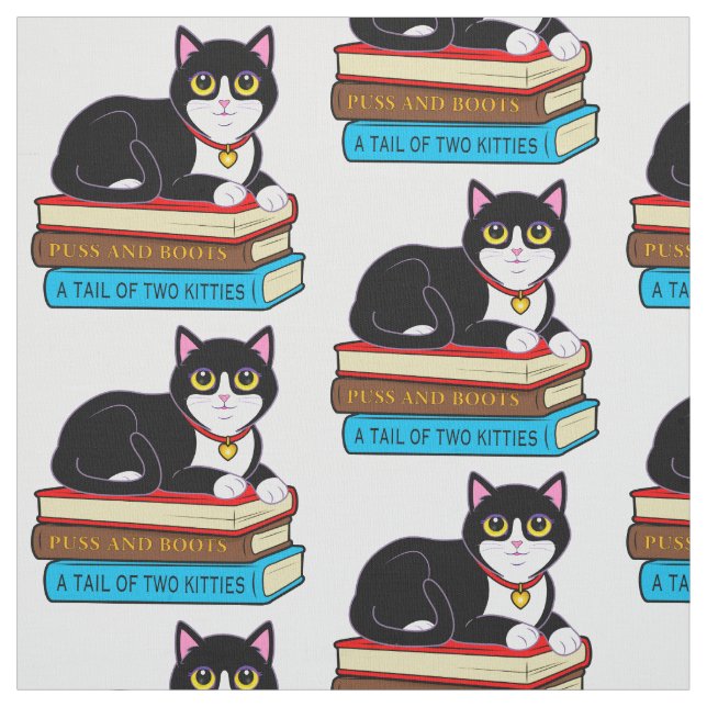 Tuxedo Cat on Books Fabric (Swatch)